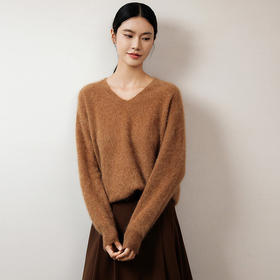 玳莎拉毛100%羊绒V领针织衫女秋冬新款宽松落肩袖羊毛衫上衣  ED33301