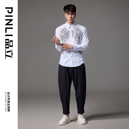 PINLI品立2024秋季新款翅膀烫钻修身衬衫男士商务休闲长袖衬衣潮BG243113045 商品图1