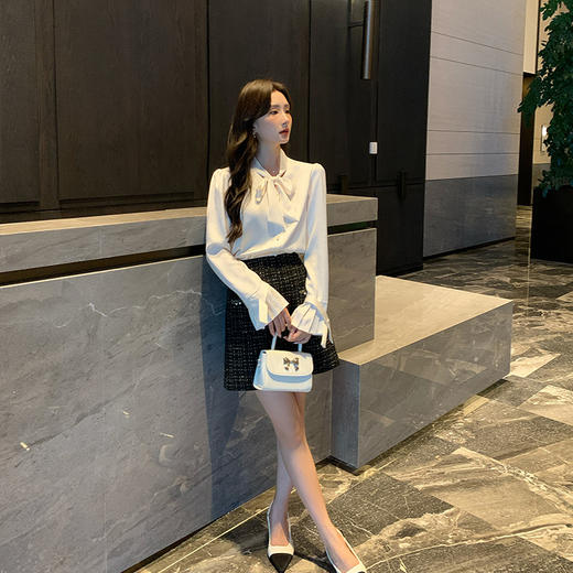 [奢姿轻奢系列]大码女装2024秋季胖妹妹绑带衬衫格纹半裙穿搭套装8943290164 商品图4