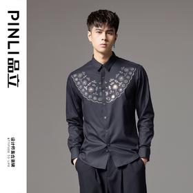 PINLI品立2024秋季新款烫钻尖领花卉金属烫片休闲长袖衬衫男衬衣BG243113041
