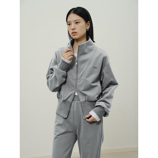 HeyDress灰色立领卫衣女秋季休闲套装宽松短款上衣微喇直筒休闲裤 商品图0