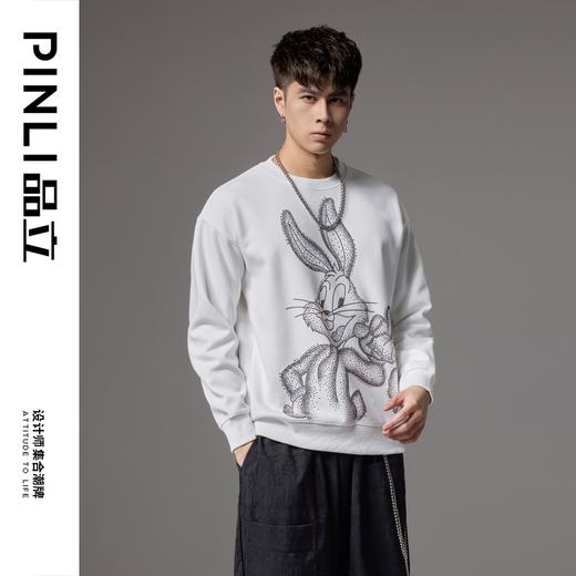 PINLI品立2024秋季新款男士落肩袖圆领宽松兔八哥烫钻套头卫衣潮BG243109025 商品图4
