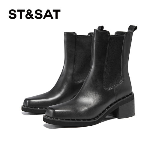 星期六时髦猪鼻头铆钉沿边粗跟切尔西SSC4116345 商品图5