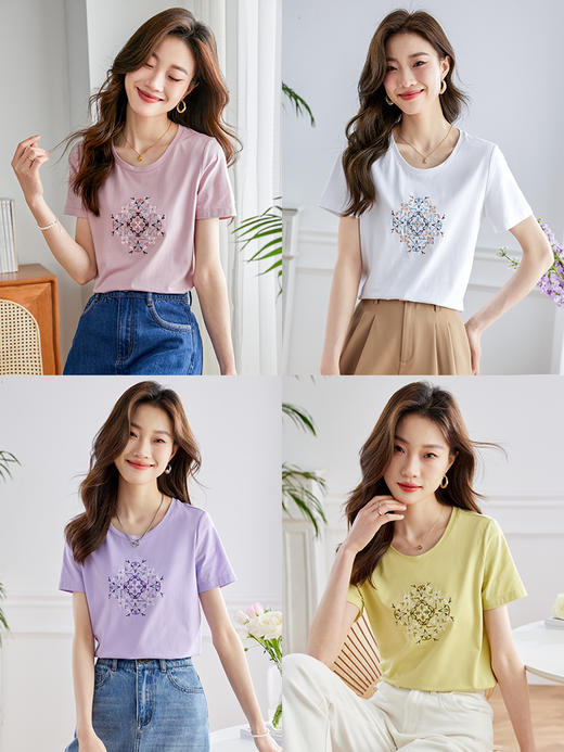【专属特价】熙世界民族风刺绣短袖T恤女2025新款夏季宽松遮肉圆领体恤衫上衣 商品图1