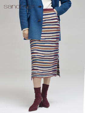sandriver青海羊绒针织条纹开叉半裙