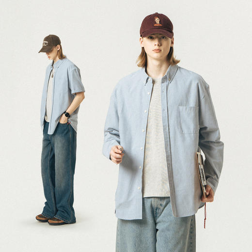 714street简约蓝色长袖衬衫男士日系宽松衬衣港风条纹衬衫外套潮 商品图1