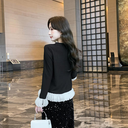 奢姿大码女装2025秋季减龄字母钻饰针织衫胖妹妹时尚拼接简约上衣9943160266 商品图3