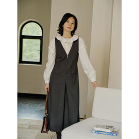 HeyDress背带连衣裙女秋季V领灰色简约优雅设计感气质马甲裙子