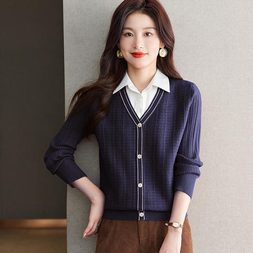 CC-66-5829长袖拼接针织衫女2024秋季新款衬衫领假两件设计感小众别致上衣潮 商品图3