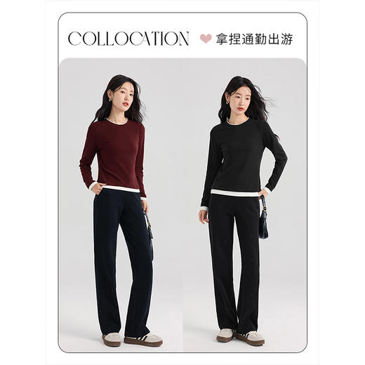 【专属特价】熙世界酒红色假两件T恤女长袖2025秋冬通勤内搭肌理针织打底衫 商品图4