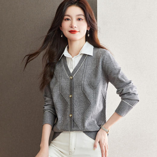 CC-66-5831假两件针织t恤女长袖2024秋季新款衬衫领撞色拼接薄款休闲上衣春 商品图1