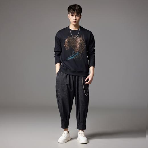 PINLI品立2024秋季新款男士圆领宽松落肩金钱豹烫钻套头卫衣上衣BG243109039 商品图4