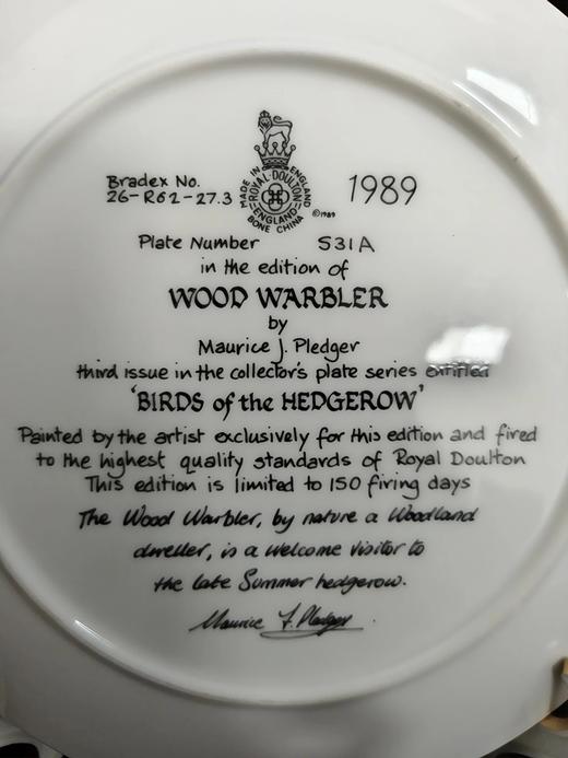 英国皇家道尔顿限量鸟类骨瓷赏盘，由Maurice J. Pledger创作的树篱间的鸟系列 商品图11
