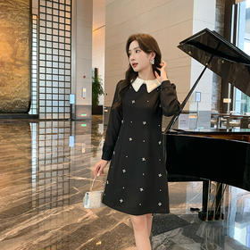 奢姿2025年秋季新款大码女装拼接花边翻领裙子胖妹妹钉珠连衣裙9943826558