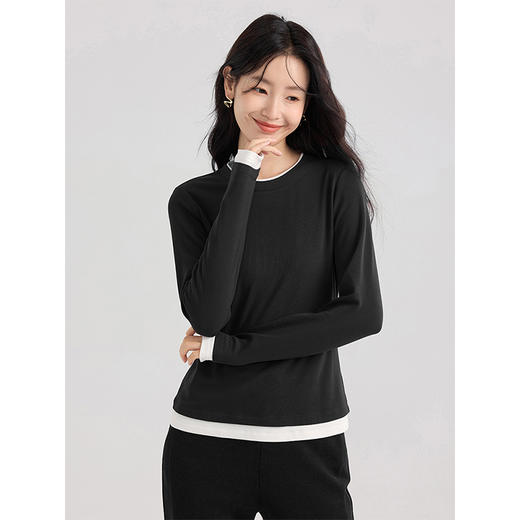 【专属特价】熙世界酒红色假两件T恤女长袖2025秋冬通勤内搭肌理针织打底衫 商品图1