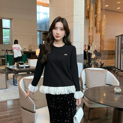 奢姿大码女装2025秋季减龄字母钻饰针织衫胖妹妹时尚拼接简约上衣9943160266 商品图2