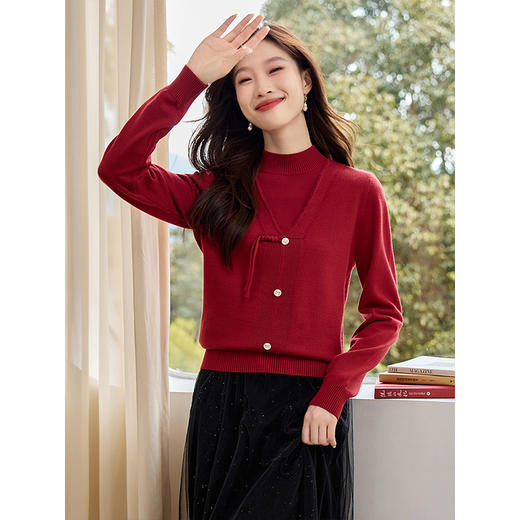 【年终特卖】熙世界2025年新款假两件半高领红色毛衣秋冬保暖内搭打底针织衫 商品图3