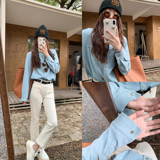 <曾小咸推荐>韩系通勤浅蓝色灯芯绒宽松显瘦衬衫 商品图0