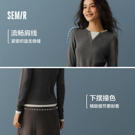 森马针织衫女含羊毛圆领修身气质冬季新款假两件拼色毛衫时尚 商品图4