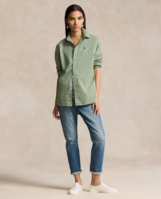 拉夫劳伦大版型斜纹棉布衬衫 宽松的版型 落肩袖设计 上身轻盈无束缚感 水洗60支长绒棉 小翻领+单排扣设计 底摆弧形开叉设计 商品图2