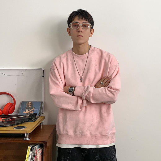 徐太浪美式高街做旧破洞圆领卫衣男春秋设计宽松舒适简约百搭外套 商品图0