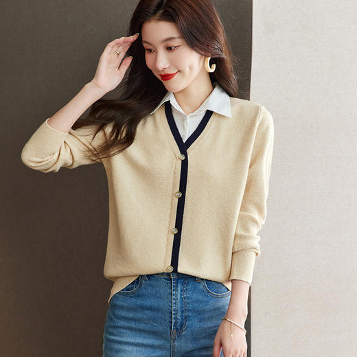 CC-66-5815针织衫女设计感小众2024初秋款小个子上衣长袖衬衫领假两件上衣女 商品图0