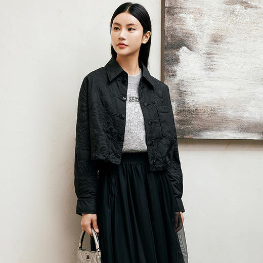 玳莎秋季商城同款时尚气质通勤黑色提花短款外套女新款  EC37310 商品图1