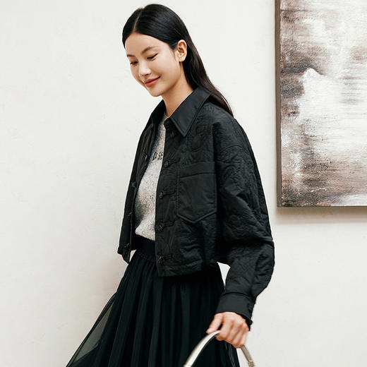 玳莎秋季商城同款时尚气质通勤黑色提花短款外套女新款  EC37310 商品图2