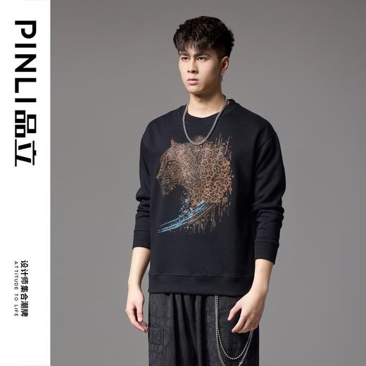 PINLI品立2024秋季新款男士圆领宽松落肩金钱豹烫钻套头卫衣上衣BG243109039 商品图3
