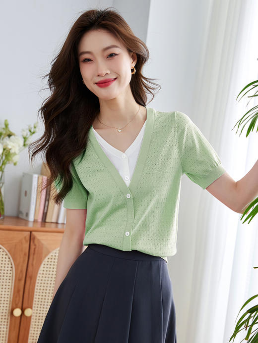 熙世界镂空肌理冰丝针织衫女叠搭式假两件2025夏装短袖 商品图3