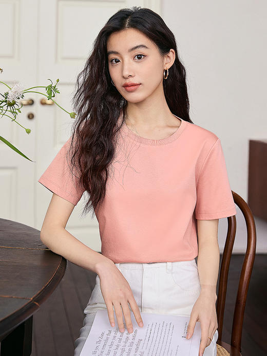 【专属特价】熙世界重磅70s丝光棉t恤女短袖夏简约纯色V领体恤上衣 商品图1