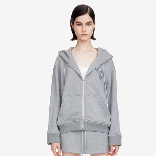 HL2DAWHO2029 灰色绣花连帽卫衣外套 商品图0