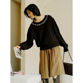 HeyDress珍珠花边领毛衣女秋冬法式优雅设计感针织衫黑色羊毛上衣