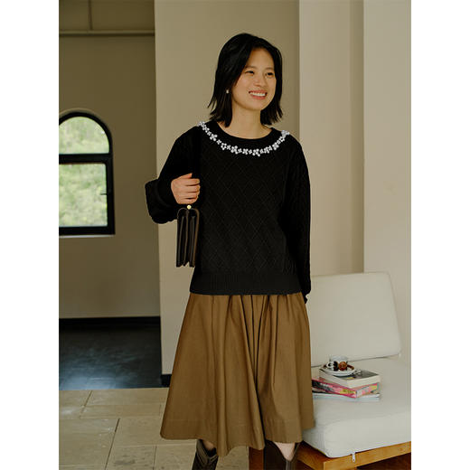 HeyDress珍珠花边领毛衣女秋冬法式优雅设计感针织衫黑色羊毛上衣 商品图1