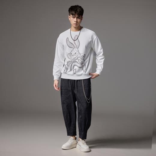 PINLI品立2024秋季新款男士落肩袖圆领宽松兔八哥烫钻套头卫衣潮BG243109025 商品图2