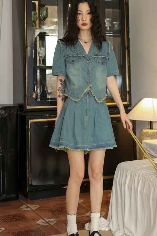 WHO KNOWS 复古毛边牛仔上衣半裙套装 18605 商品图3