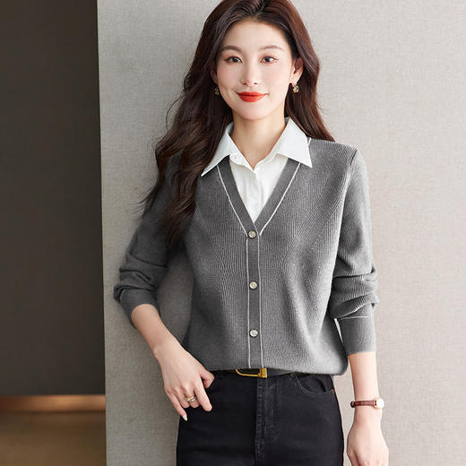 CC-66-5837秋季新款假两件针织衫女洋气遮肚子套头拼接翻领上衣衬衫领 商品图2