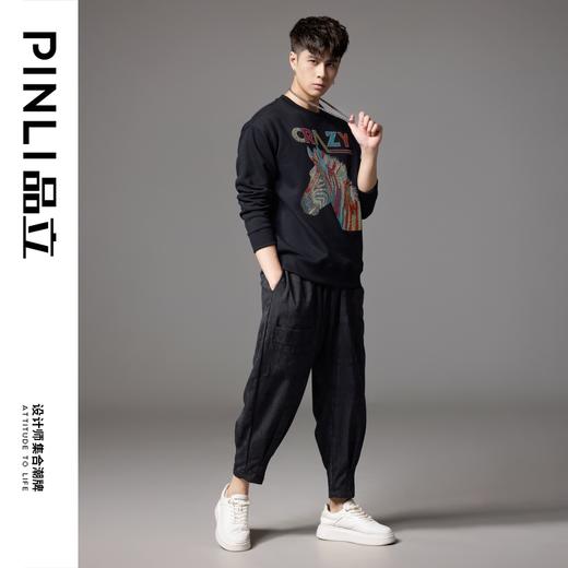 PINLI品立秋季新款男士宽松圆领落肩斑马字母烫钻套头卫衣潮BG243109033 商品图2