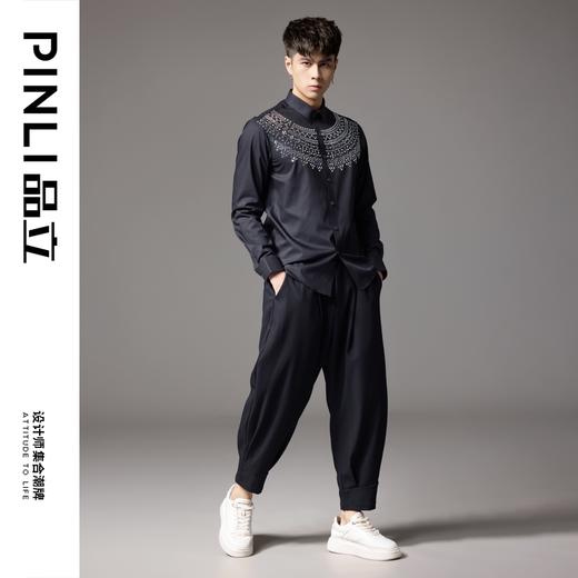 PINLI品立秋季新款修身长袖衬衫潮牌男几何设计休闲黑色衬衣BG243113044 商品图1