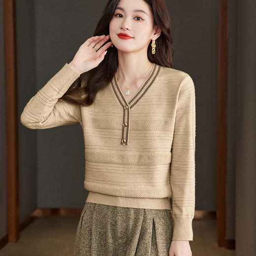 CC-66-5838   V领长袖t恤女2024春秋新款宽松时尚针织衫法式上衣洋气漂亮打底衫 商品图2