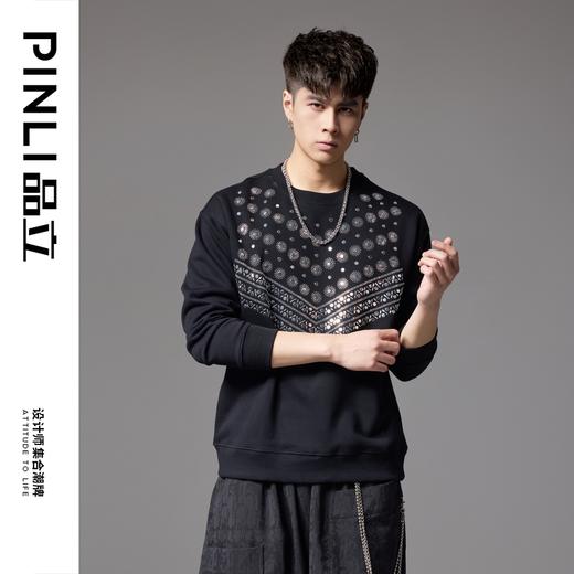 PINLI品立2024秋季新款潮牌烫钻圆领卫衣宽松百搭休闲套头男上衣BG243109037 商品图3