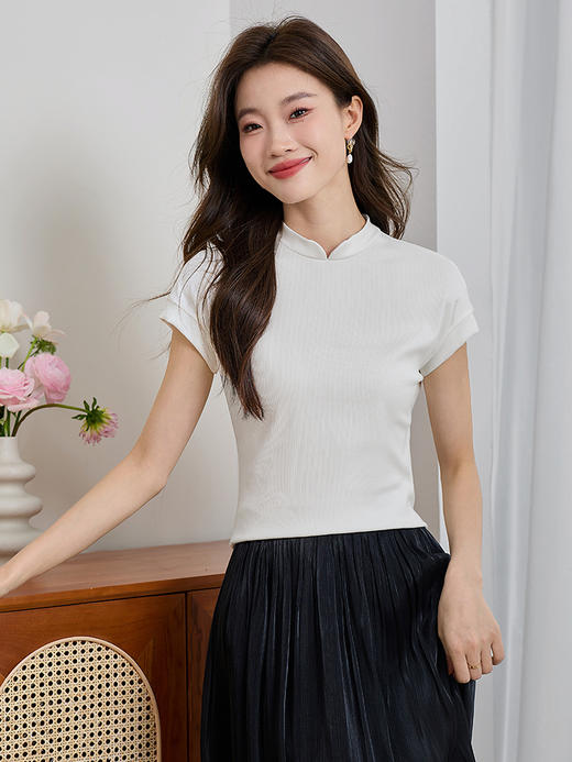 【专属特价】熙世界气质新中式T恤短袖夏装新款国风修身小衫马面裙上衣 商品图0