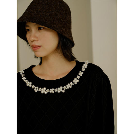 HeyDress珍珠花边领毛衣女秋冬法式优雅设计感针织衫黑色羊毛上衣 商品图2