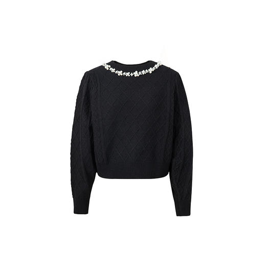 HeyDress珍珠花边领毛衣女秋冬法式优雅设计感针织衫黑色羊毛上衣 商品图4