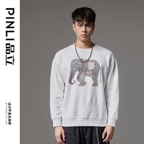 PINLI品立2024秋季新款男士圆领落肩大象烫钻套头卫衣BG243109027