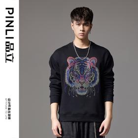 PINLI品立秋季新款男士圆领落肩宽松虎头烫钻套头卫衣上衣潮BG243109040