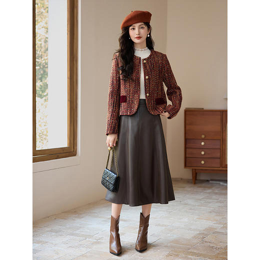 【年终特卖】熙世界小香风外套短款小个子名媛气质红色粗花呢上衣2025秋冬款 商品图4