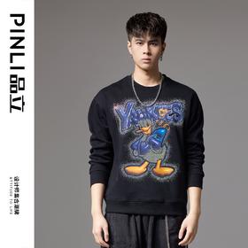 PINLI品立2024秋季新款男装圆领宽松落肩字母卡通烫钻套头卫衣潮BG243109032