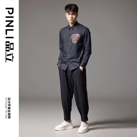 PINLI品立2024秋季新款炫彩烫钻长袖衬衫男修身休闲尖领潮牌衬衣BG243113042 商品图1