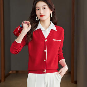 CC-66-5813早秋针织衫假两件衬衫领上衣长袖衬衫领毛衣上衣女